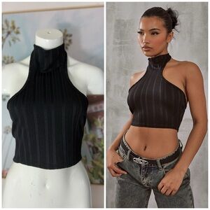 PrettyLittleThing Black Ribbed Knit High Neck Racer Halter Crop Top Sz 12 L
